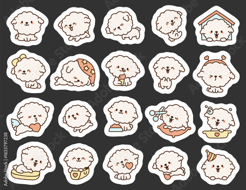 Cute kawaii character bichon frise dog set with lovely poses perfect for pet lovers decoration playful illustration and happy atmosphere design project