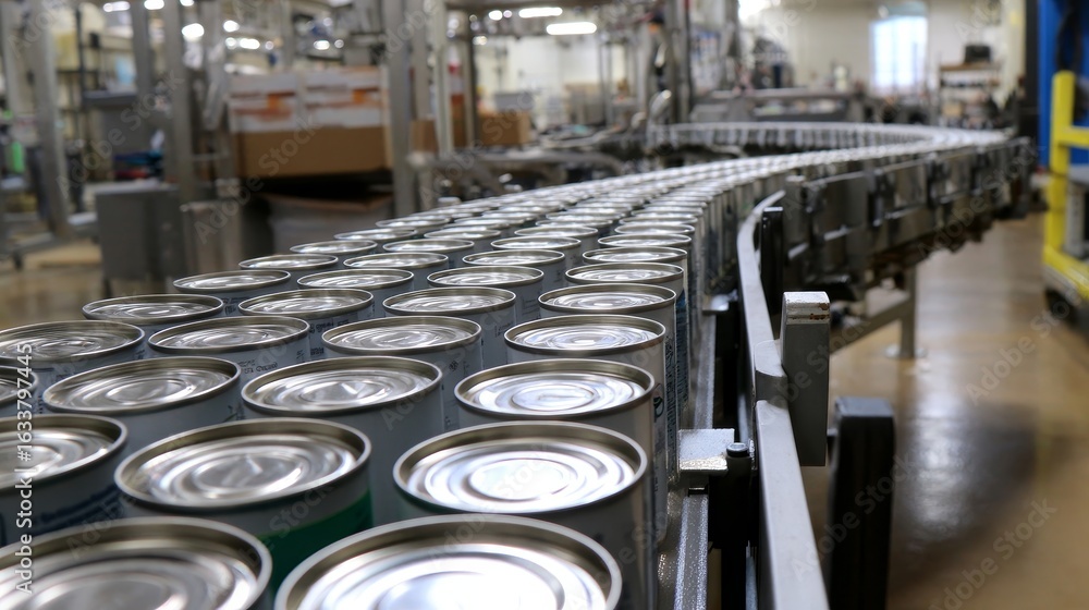 Naklejka premium A conveyor belt is filled with cans of food