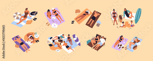 People sunbathing on beach top view set. Couples, families, groups of friends are lying, have a rest on ocean coast. Tourists relax at sea resort on summer vacations. Flat isolated vector illustration