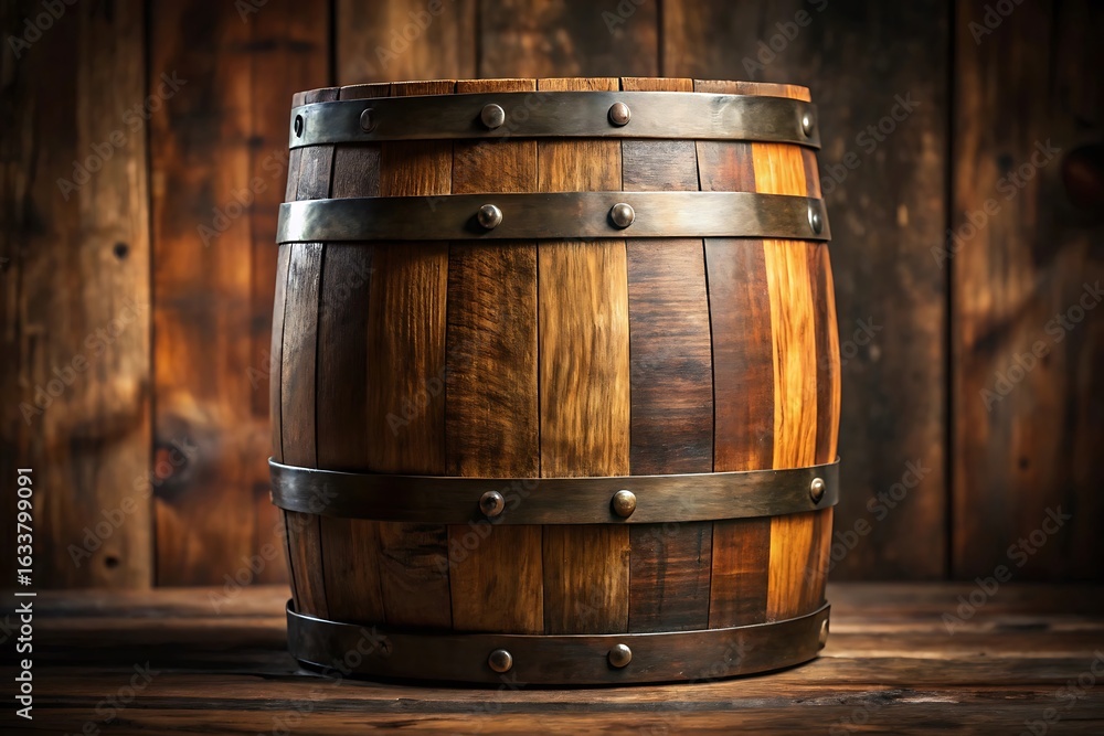 A rustic wooden barrel standing tall against a textured wood background A rustic wooden barrel standing tall against a textured wood background