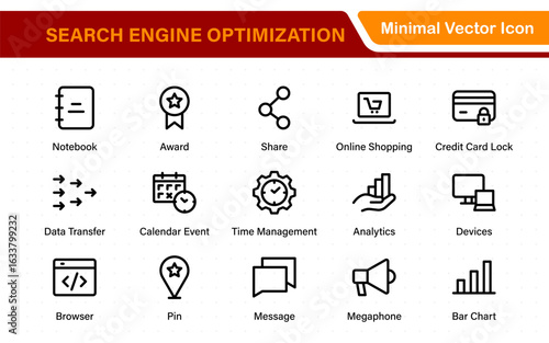 SEO – Search Engine Optimization. Thin‑line icon set for web, digital marketing, ranking, analytics, and website growth. Simple vector symbols for strategy and development.