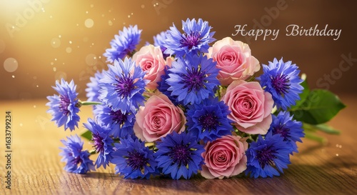 Floral Bouquet of Roses and Cornflowers Happy Birthday Greeting