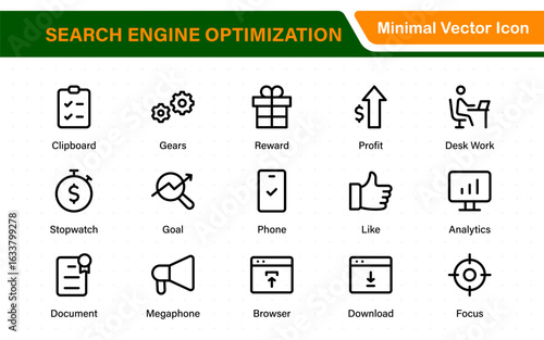 SEO – Search Engine Optimization. Thin‑line icon set for web, digital marketing, ranking, analytics, and website growth. Simple vector symbols for strategy and development.