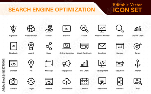 SEO – Search Engine Optimization. Thin‑line icon set for web, digital marketing, ranking, analytics, and website growth. Simple vector symbols for strategy and development.