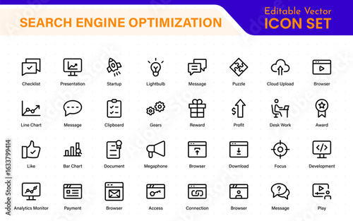 SEO – Search Engine Optimization. Thin‑line icon set for web, digital marketing, ranking, analytics, and website growth. Simple vector symbols for strategy and development.