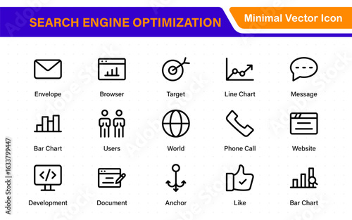 SEO – Search Engine Optimization. Thin‑line icon set for web, digital marketing, ranking, analytics, and website growth. Simple vector symbols for strategy and development.