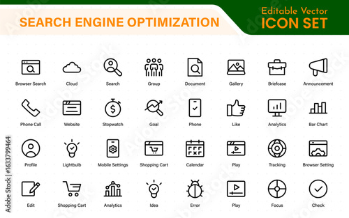 SEO – Search Engine Optimization. Thin‑line icon set for web, digital marketing, ranking, analytics, and website growth. Simple vector symbols for strategy and development.