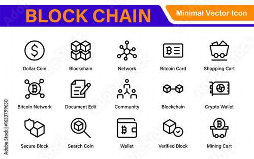 Block chain web icon set. information icon, analytics, cloud computing, block chain, block, Distribution, Ledger, Transaction icon Blockchain icon minimal design. Block connect data.