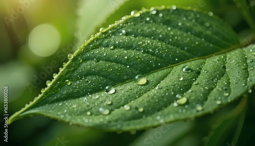 Morning Dew on a Vibrant Leaf Surface with Natural Bokeh Background 