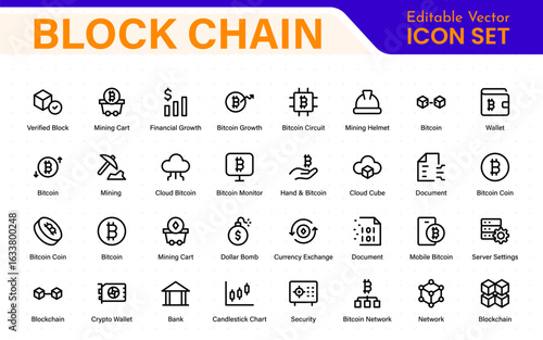 Block chain web icon set. information icon, analytics, cloud computing, block chain, block, Distribution, Ledger, Transaction icon Blockchain icon minimal design. Block connect data.