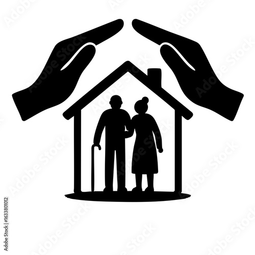 Hands protecting elderly couple standing inside a house symbolically  