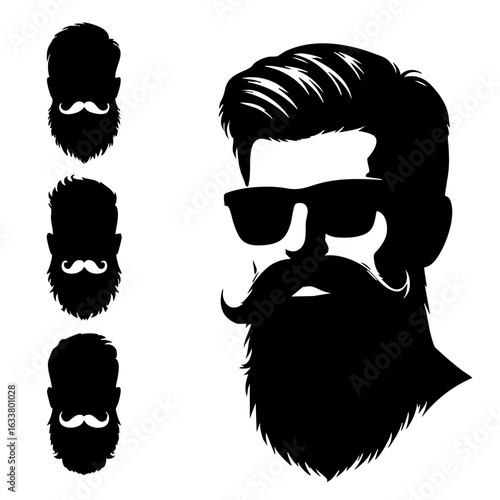 Bearded man with sunglasses and various beard styles in silhouette  