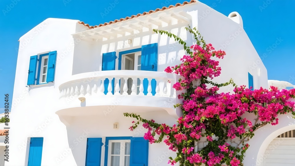Fototapeta premium White Mediterranean Balcony with Blue Shutters and Bougainvillea