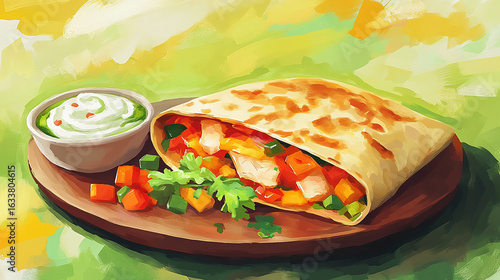 Delicious Quesadilla: A mouthwatering image showcases a perfectly grilled quesadilla, brimming with colorful ingredients, nestled alongside a creamy, flavorful dipping sauce.