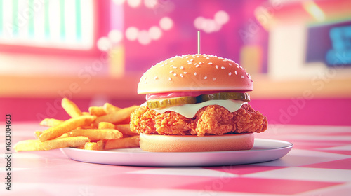 Crispy Delight: A mouthwatering close-up of a golden-brown fried chicken sandwich, nestled between a sesame seed bun, accompanied by a serving of golden french fries, all arranged on a plate.