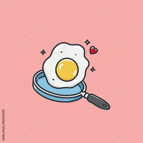 Logo design of a cute fried egg in a pan, cartoon flat vector illustration with simple lines, solid shapes and a minimalist style on a colored background, perfect for food branding or t-shirt prints