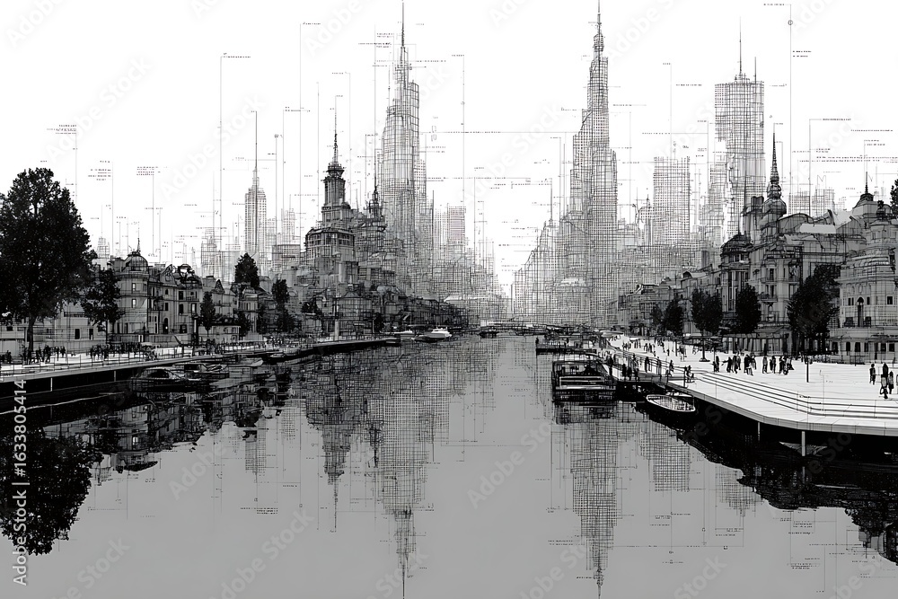 Fototapeta premium Architectural Cityscape Sketch River Reflection Black and White