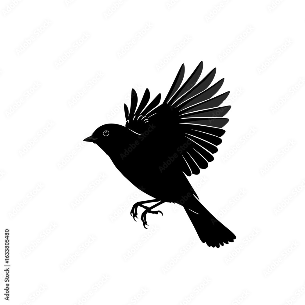 Obraz premium Silhouette of a Small Bird in Mid-Flight with Detailed Feather Wings Spread