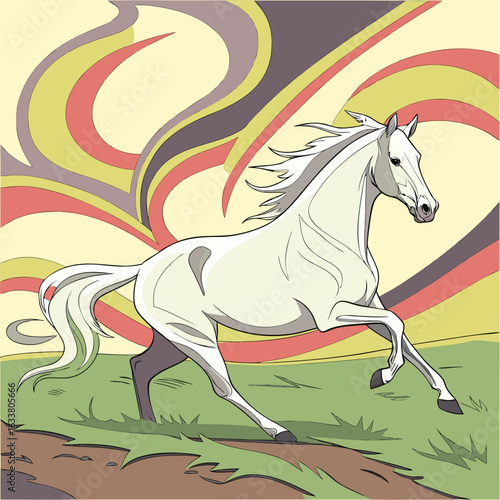 White horse running in a colorful field.








