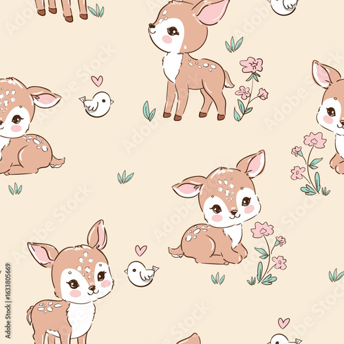Hand drawn seamless pattern with baby deer and flowers vector, cute woodland animals