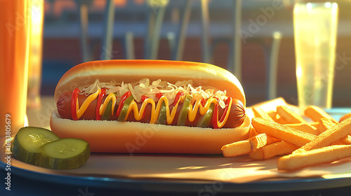 Hotdog Delight: A mouthwatering hotdog, artfully adorned with mustard, ketchup, and relish, sits invitingly alongside golden fries, perfect for a quick, delicious meal.