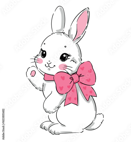 Hand drawn cute white rabbit vector illustration with pink bow, cartoon bunny for kids