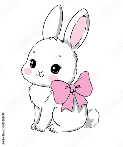 Hand drawn cute white rabbit vector illustration with pink bow, cartoon bunny for kids