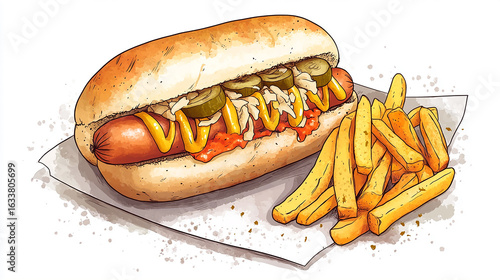The All-American Bite: A mouthwatering hot dog on a fresh bun, generously topped with mustard, relish, and accompanied by a serving of golden french fries. A vibrant depiction of culinary delight