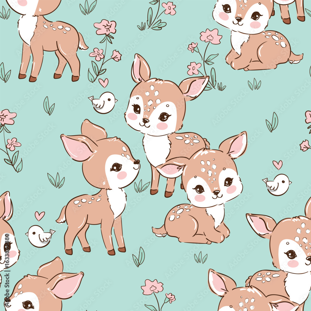Obraz premium Hand drawn seamless pattern with baby deer and flowers vector, cute woodland animals