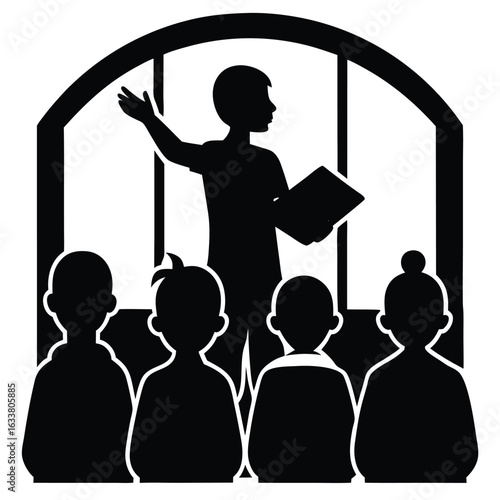 A teacher Teaching students in a school, Teacher and students in classroom silhouette learning illustration, Mother teaching child silhouette vector illustration, Silhouettes of teachers and students.