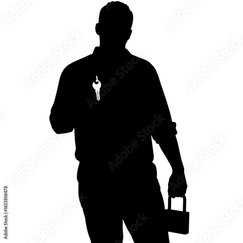 Silhouette of tradesman with key in hand and padlock. Silhouette image shows locksmith holding tools, prepared to provide security for homes and businesses.