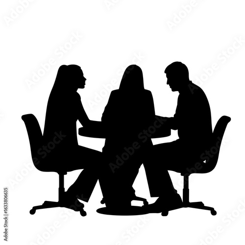Silhouette of three people at round table in a monochrome illustration. Silhouette of three people showing business discussion in office, negotiating or teamwork.