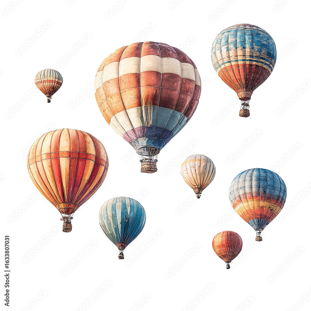 Obraz premium Colorful hot air balloons float over a sunrise landscape, ideal for travel posters
