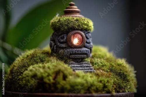 Stone figure, moss, glowing eye, ornate