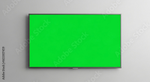 Smart tv with green screen for chroma key compositing on a gray wall