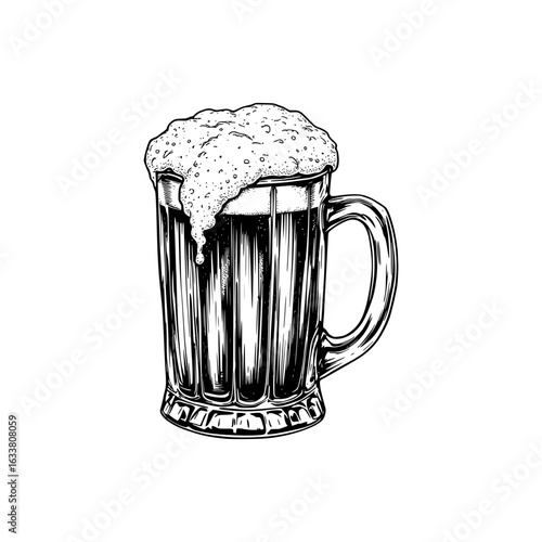 Frothy Beer in a Glass: A detailed illustration of a chilled glass filled with rich, dark beer, topped with a generous layer of creamy, frothy foam.