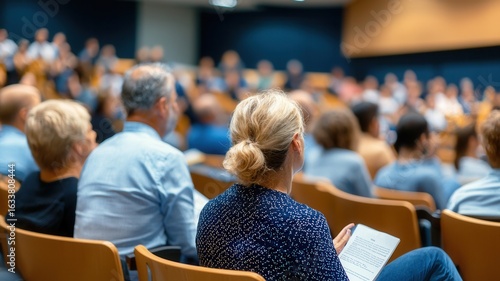 Audience listening to speaker at a business conference or university lecture, and notes attention paying following