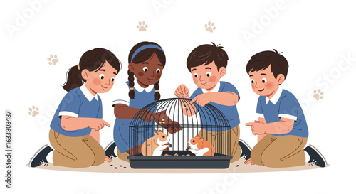 Enthusiastic Children Observe Hamsters Inside Cage With Affectionate Gaze At Home