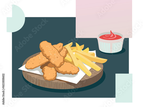 Chicken Nuggets And French Fries With Ketchup Dip fast