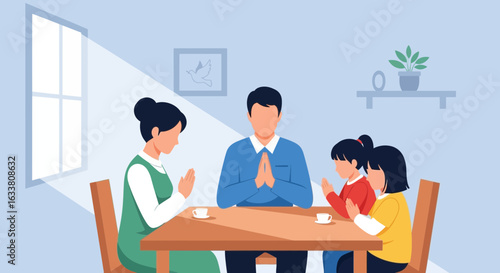 Family Expressing Gratitude Together At Table Before Meal Time At Home