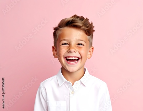 Joyful young boy with short brown hair, laughing broadly while wearing a white collared shirt against a solid pink background