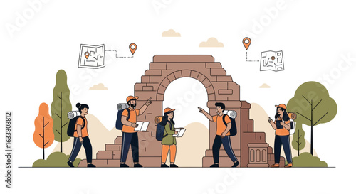 Enthusiastic Group Of Hikers Exploring Historical Sites Using Navigation Skills