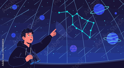 Enthusiastic Man Discovering Constellations And Planets In Modern Planetarium