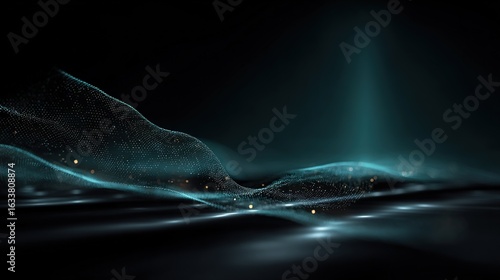 Futuristic Data Waveform with Glowing Particles and Light Trails Over Dark Grid Surface for Technology, AI Systems, and Network Visualization Concepts