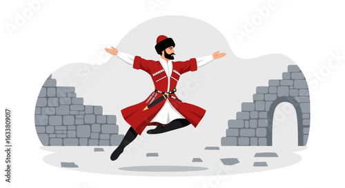 Dynamic Caucasian Lezginka Dancer Performing Against the Backdrop Ancient Walls