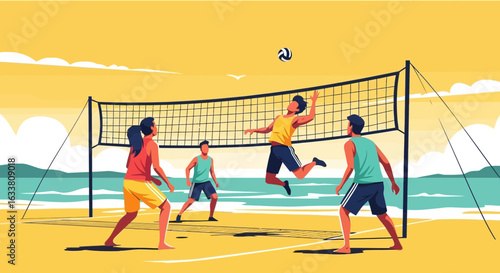 Dynamic Beach Volleyball Game Action Illustrating Summer Fun And Team Sport