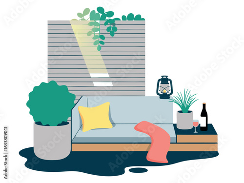 Cozy Outdoor Seating Area With Plants Wine And Lantern patio sofa