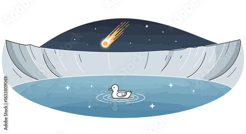Duck Amidst Iceberg Night Landscape with Shooting Star Illustration