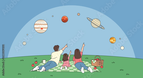 Family Observing Celestial Wonders During A Relaxing Picnic Together Underneath Planets