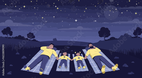 Family Observing The Stars And Planets From Nature At Night In Summer